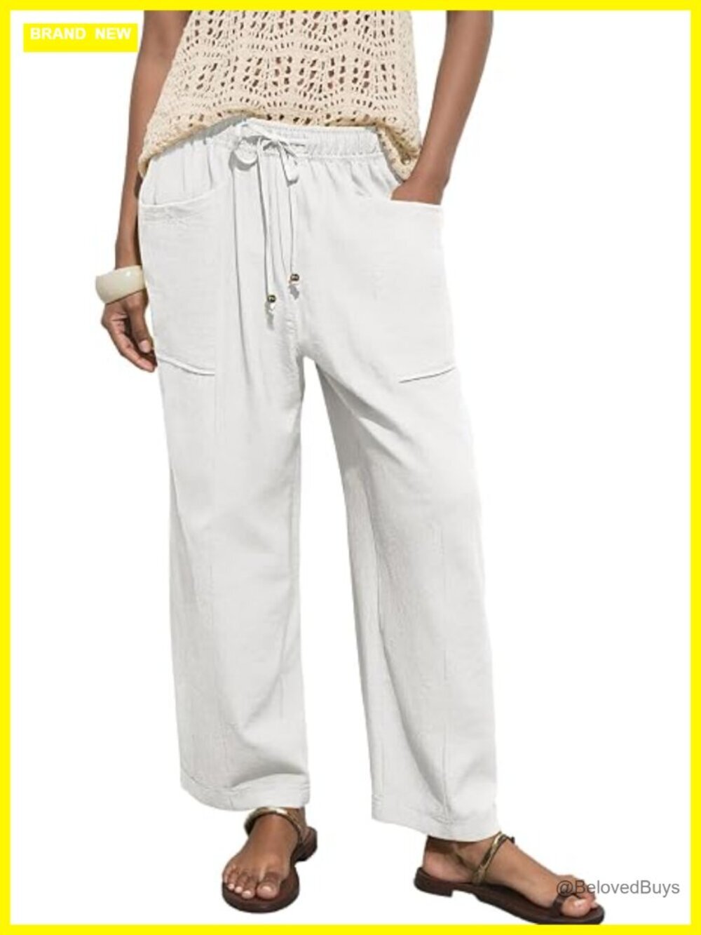 Linen Pants Drawstring Elastic Waist Casual Wide Leg Beach Trousers with Pockets